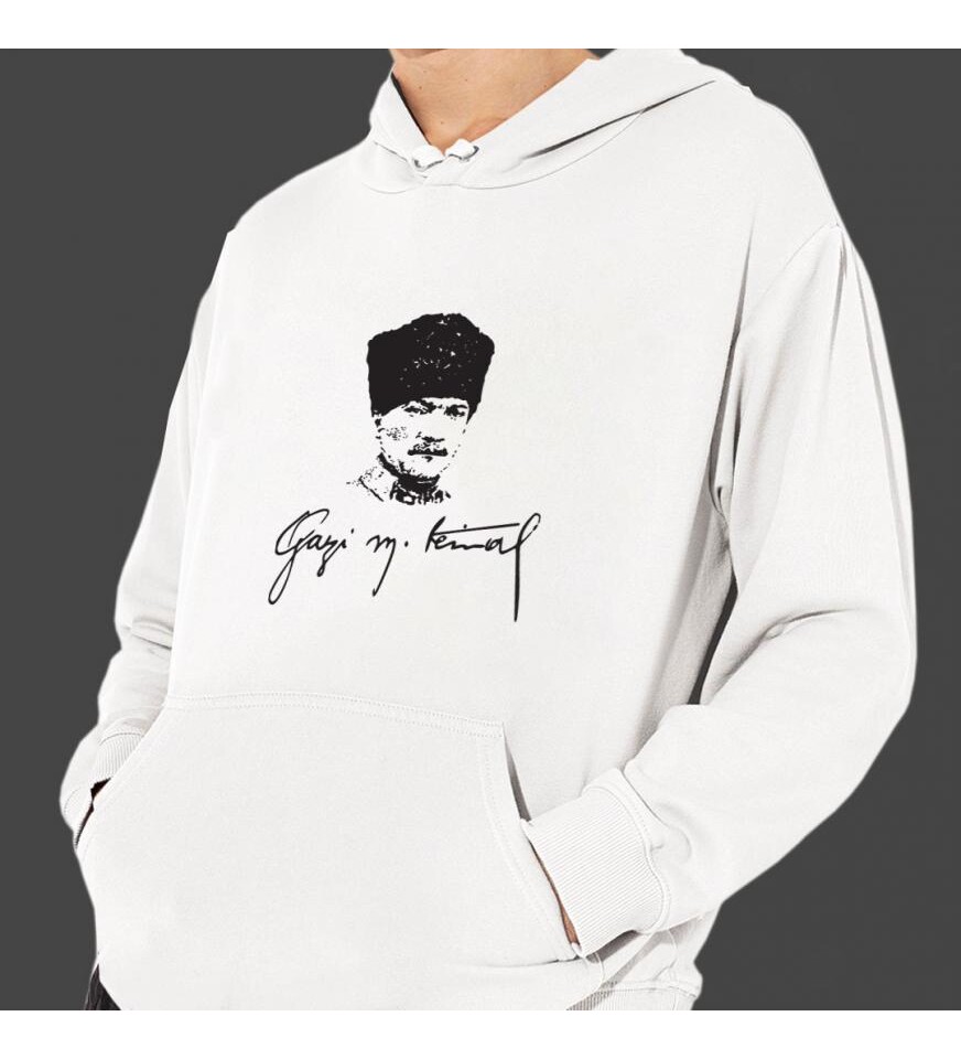 Atatürk Baskılı Kapşonlu Beyaz Unisex Sweatshirt HK2296