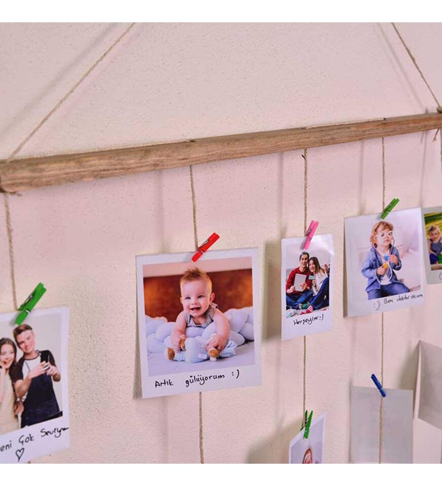 Ahşap İpli Mandallı Çerçeve 50x72 (12 Adet Fotoğraf Hediyeli)