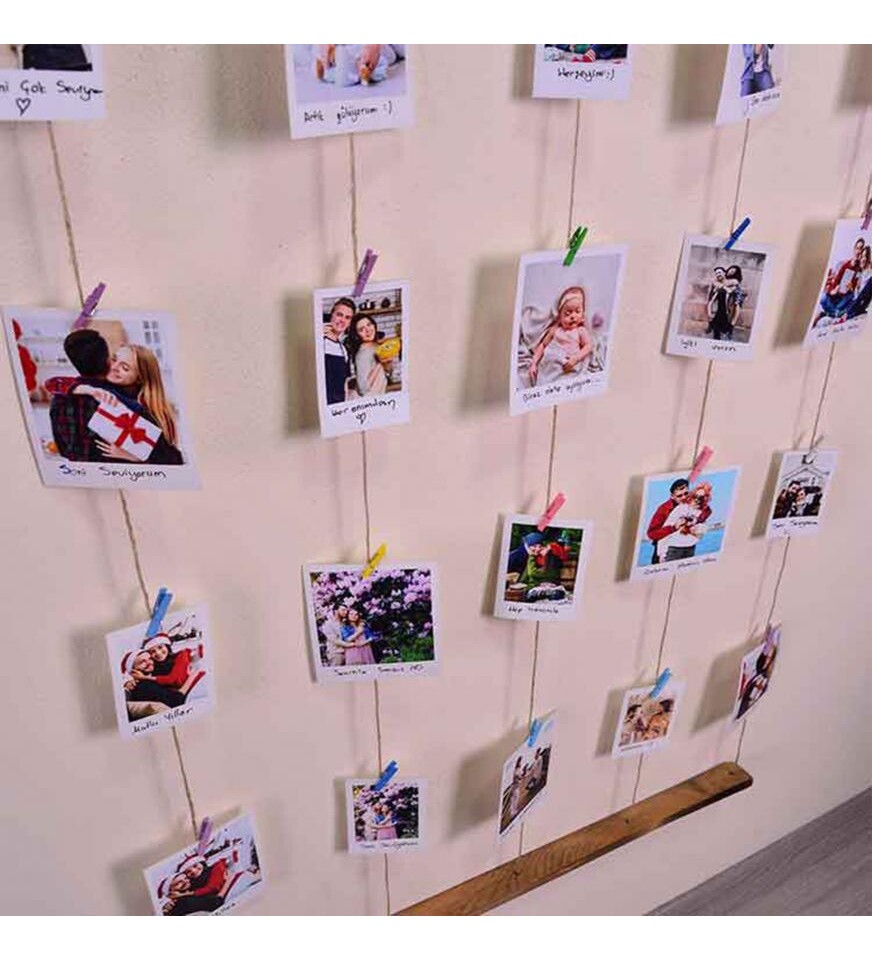 Ahşap İpli Mandallı Çerçeve 50x72 (12 Adet Fotoğraf Hediyeli)