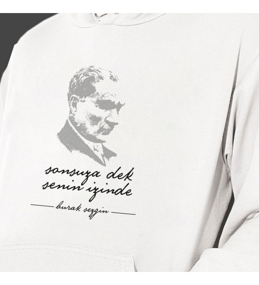 Kişiye Özel Atatürk Baskılı Kapşonlu Beyaz Unisex Sweatshirt HK2292