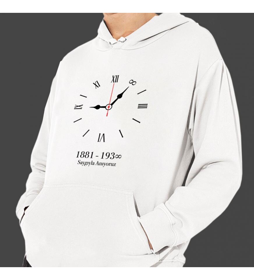 Atatürk 10 Kasım Özel Baskılı Kapşonlu Beyaz Unisex Sweatshirt HK2291