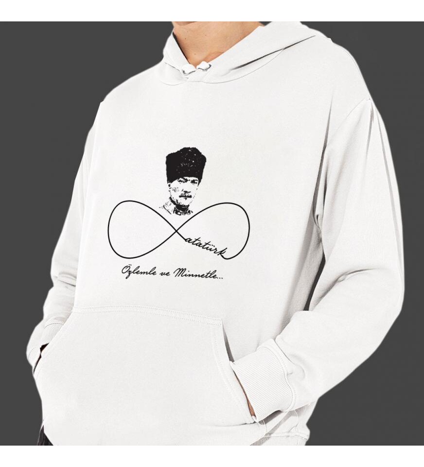 Atatürk Sonsuza Dek Baskılı Kapşonlu Beyaz Unisex Sweatshirt HK2297