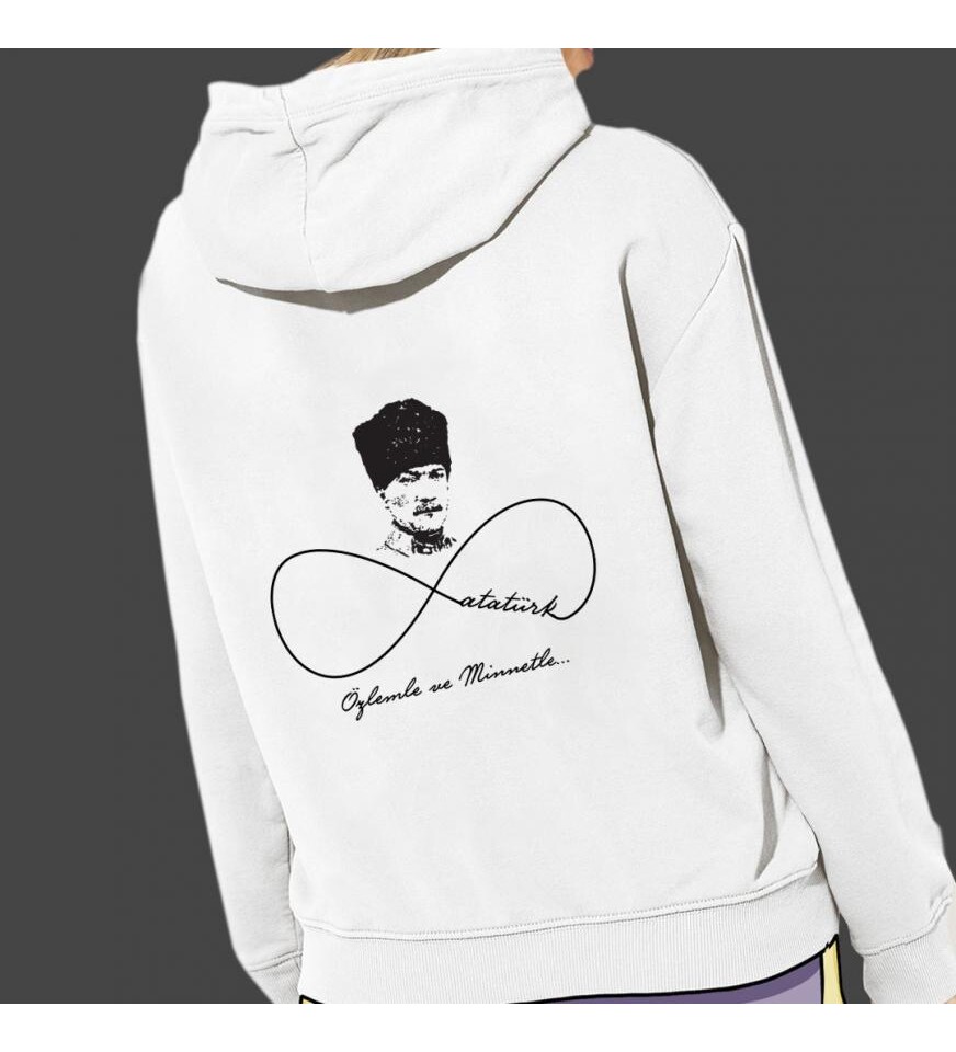 Atatürk Sonsuza Dek Baskılı Kapşonlu Beyaz Unisex Sweatshirt HK2297