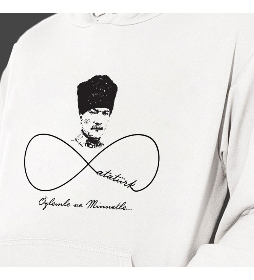 Atatürk Sonsuza Dek Baskılı Kapşonlu Beyaz Unisex Sweatshirt HK2297