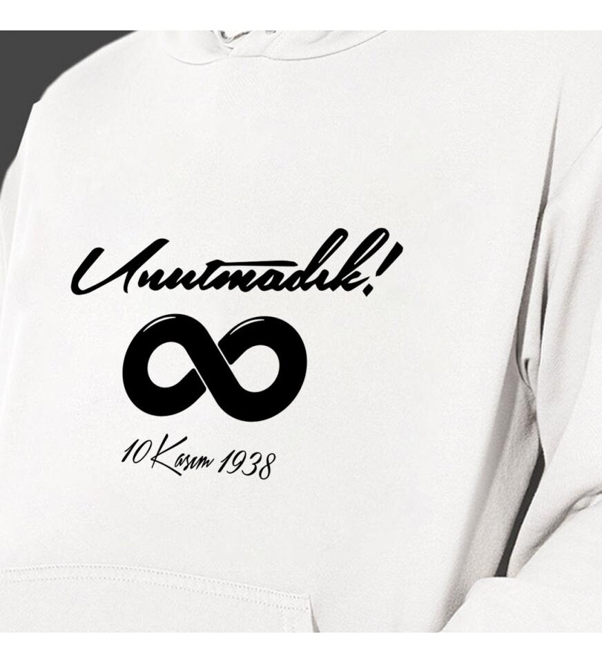 10 Kasım Özel Baskılı Kapşonlu Beyaz Unisex Sweatshirt HK2298