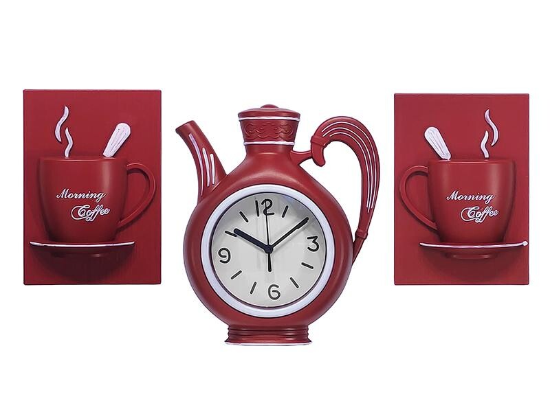 Dekoratif Duvar Saati Kırmızı Fincan 3lü Set HK229