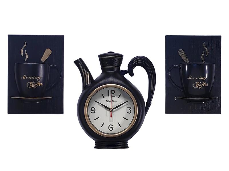 Dekoratif Duvar Saati Siyah Fincan 3lü Set HK221