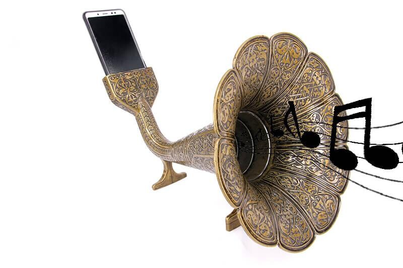 Gramofon Hunisi Telefon Tutuculu Antik Bronz Doğal Hoparlör