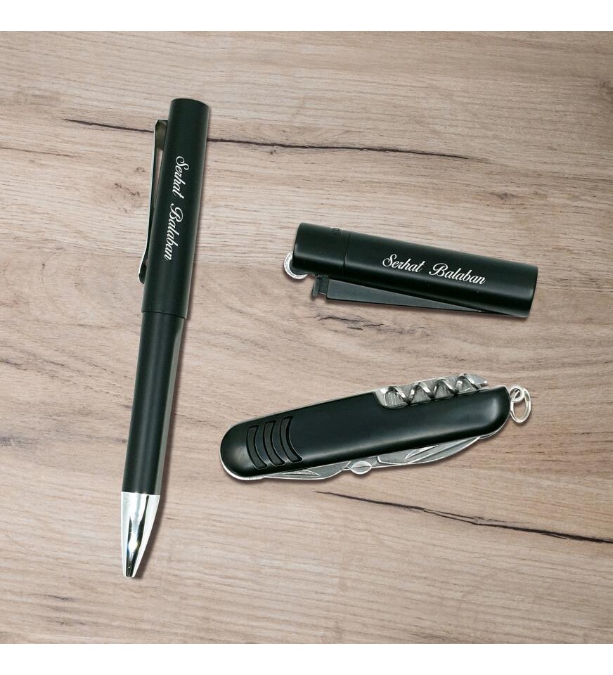 Kişiye Özel Hediyelik Set Çakı, Metal Kalem, Clipper Metal Çakmak