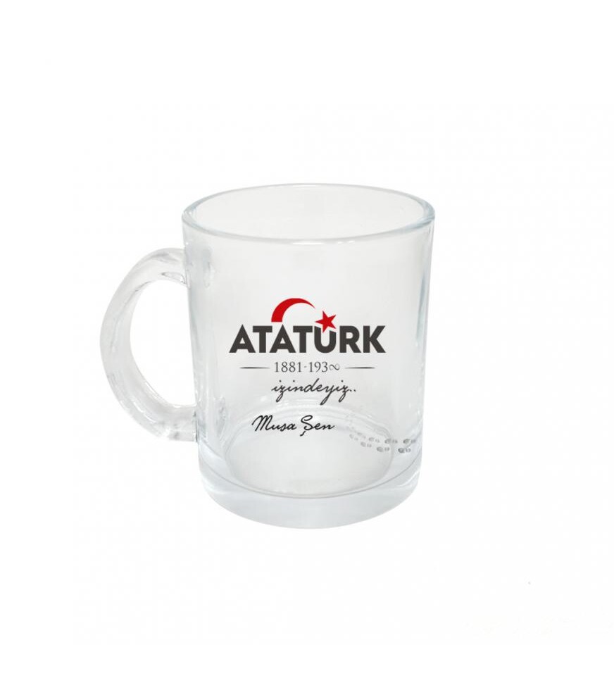 Kişiye Özel Atatürk ve Bayrak Baskılı Şeffaf Cam Kupa Bardak HK2312