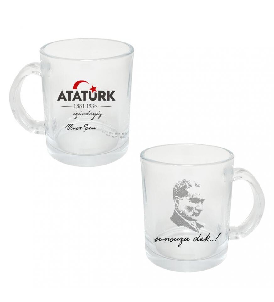 Kişiye Özel Atatürk ve Bayrak Baskılı Şeffaf Cam Kupa Bardak HK2312