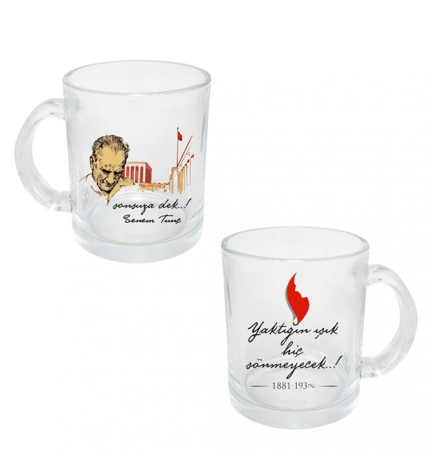 Kişiye Özel Atatürk Sonsuza Dek Baskılı Şeffaf Cam Kupa Bardak HK2313