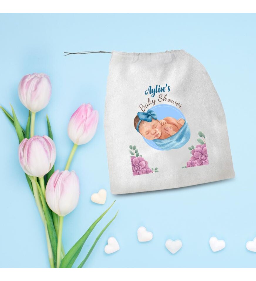 Kişiye Özel Baby Shower Büzgülü Bez Hediye Kesesi 30x35 cm HK2147