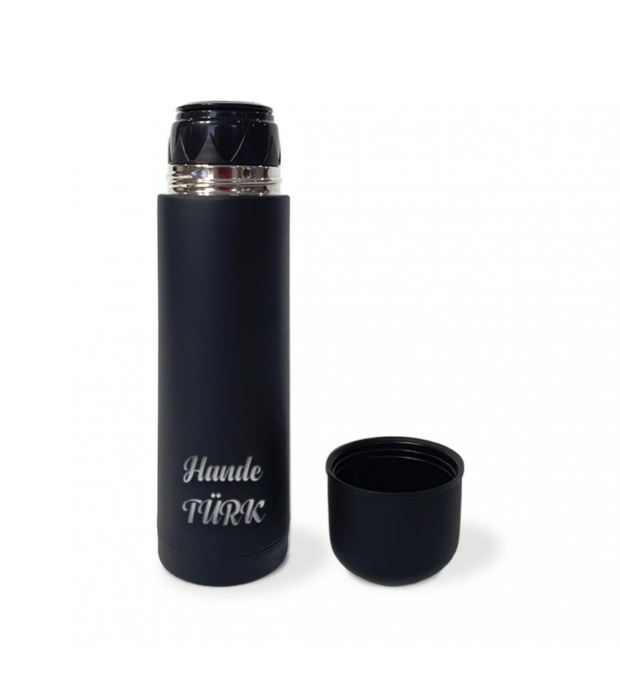 Kişiye Özel Bardak Kapaklı Deri Kılıflı 500 Ml Çelik Termos HK2069