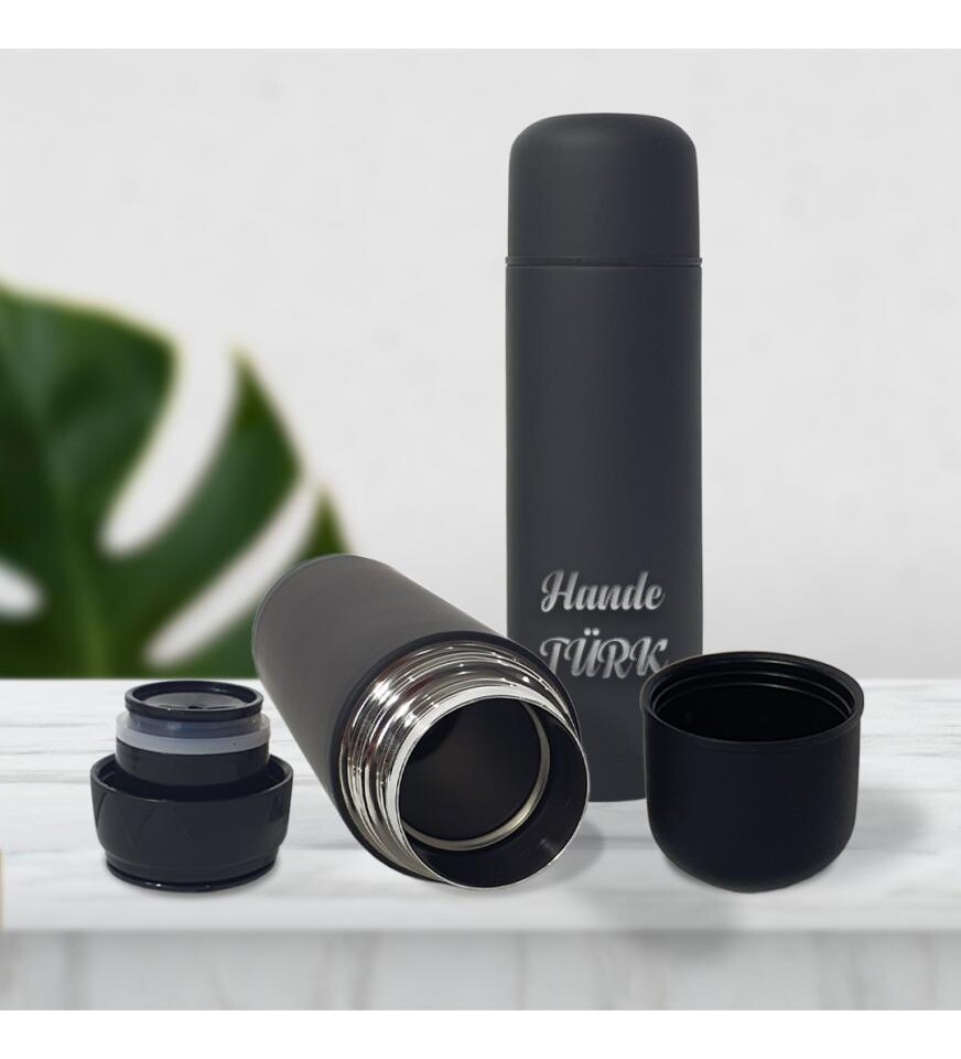Kişiye Özel Bardak Kapaklı Deri Kılıflı 500 Ml Çelik Termos HK2069