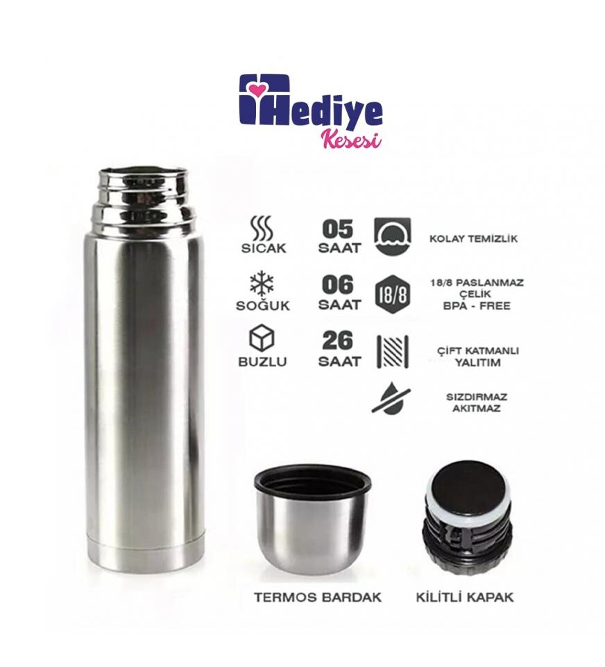 Kişiye Özel Bardak Kapaklı Deri Kılıflı 750 Ml Çelik Termos HK2074