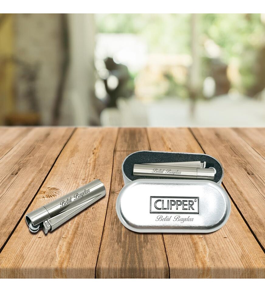 Kişiye Özel Clipper Metal Taşlı Gümüş Çakmak