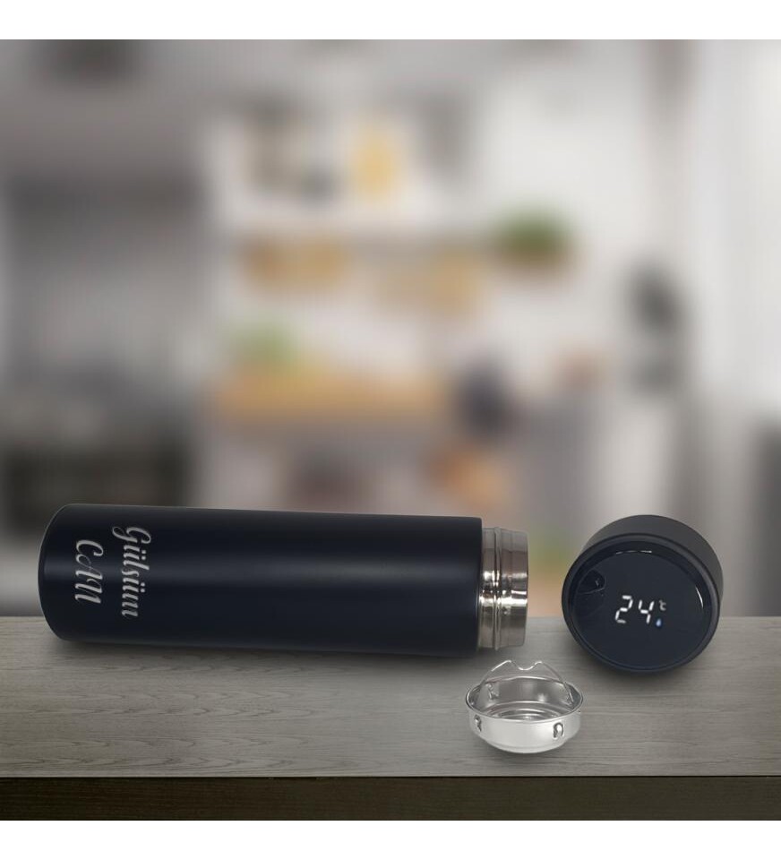 Kişiye Özel Dijital Sıcaklık Göstergeli Süzgeçli Siyah Termos 450 Ml HK2117