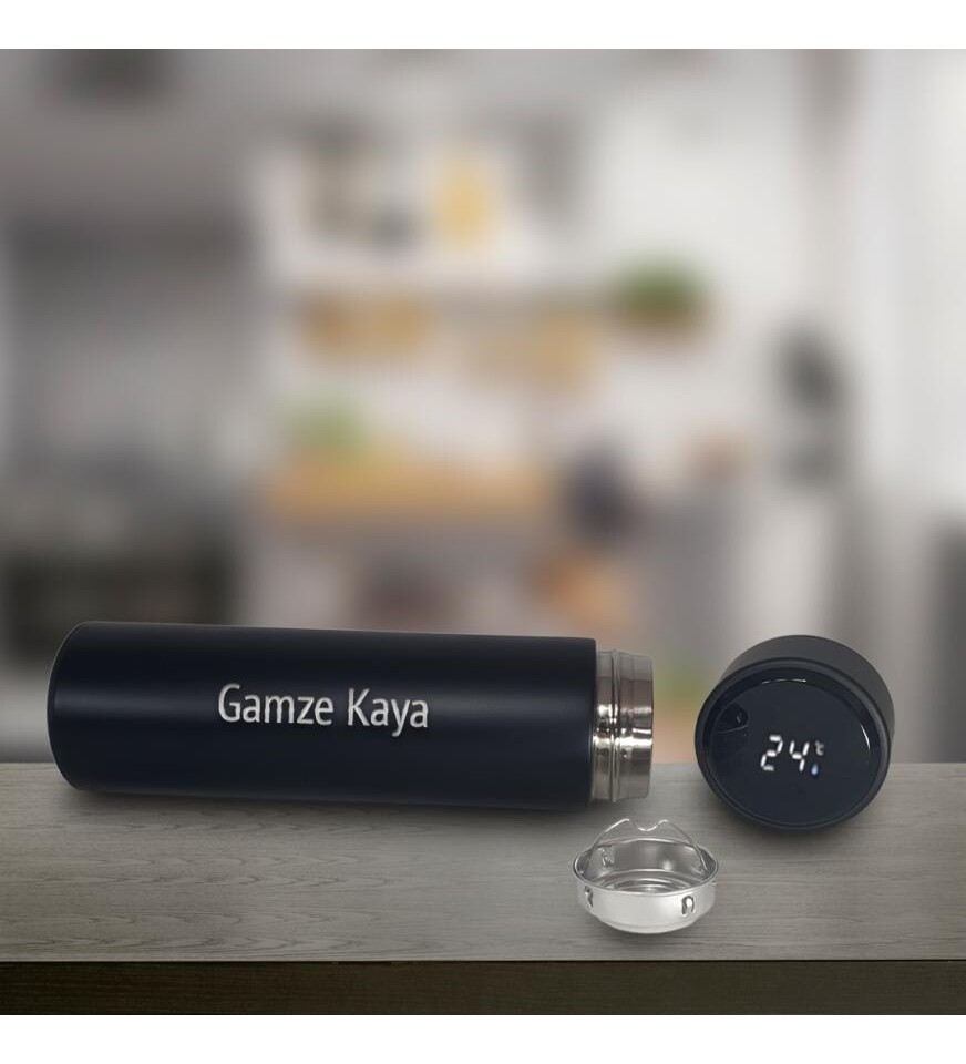 Kişiye Özel Dijital Sıcaklık Göstergeli Süzgeçli Siyah Termos 450 Ml HK2118