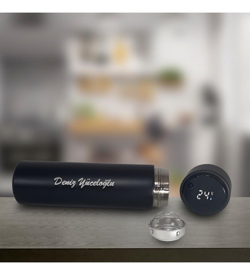 Kişiye Özel Dijital Sıcaklık Göstergeli Süzgeçli Siyah Termos 450 Ml HK2119