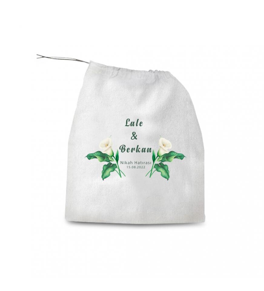 Kişiye Özel Düğün Nikah Hatırası Büzgülü Bez Hediye Kesesi 30x35 cm HK2150