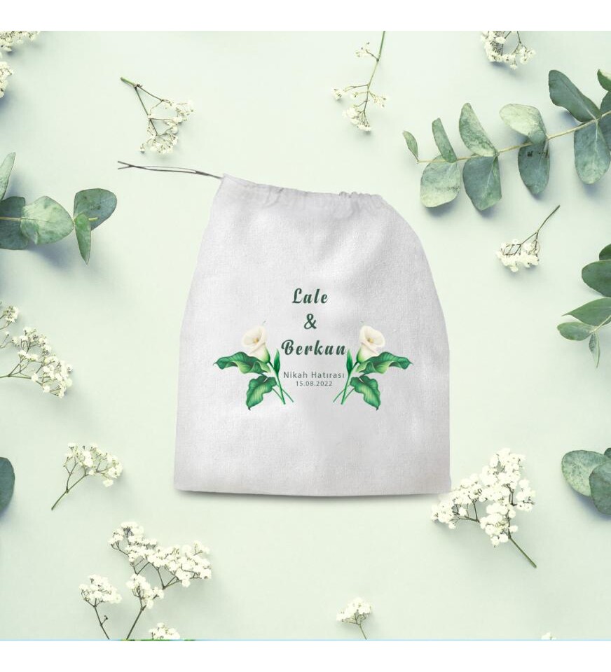 Kişiye Özel Düğün Nikah Hatırası Büzgülü Bez Hediye Kesesi 30x35 cm HK2150