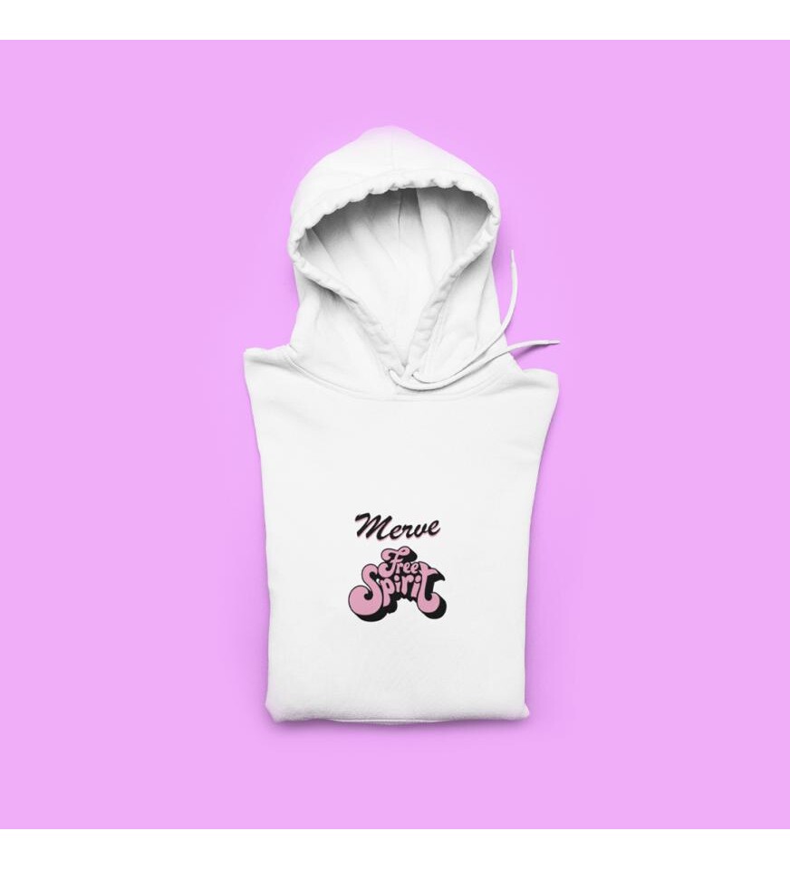 Kişiye Özel Free Spirit Baskılı Kapşonlu Beyaz Unisex Sweatshirt HK2160