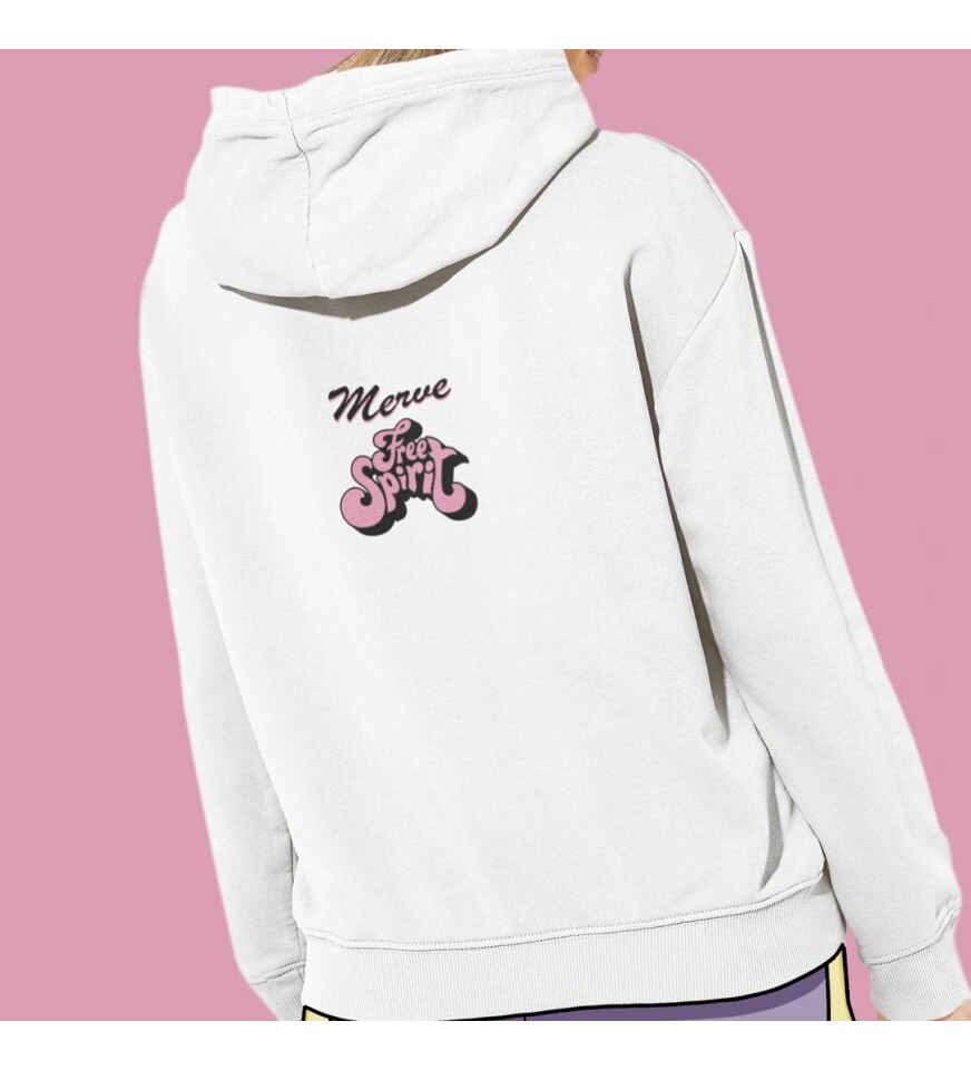 Kişiye Özel Free Spirit Baskılı Kapşonlu Beyaz Unisex Sweatshirt HK2160