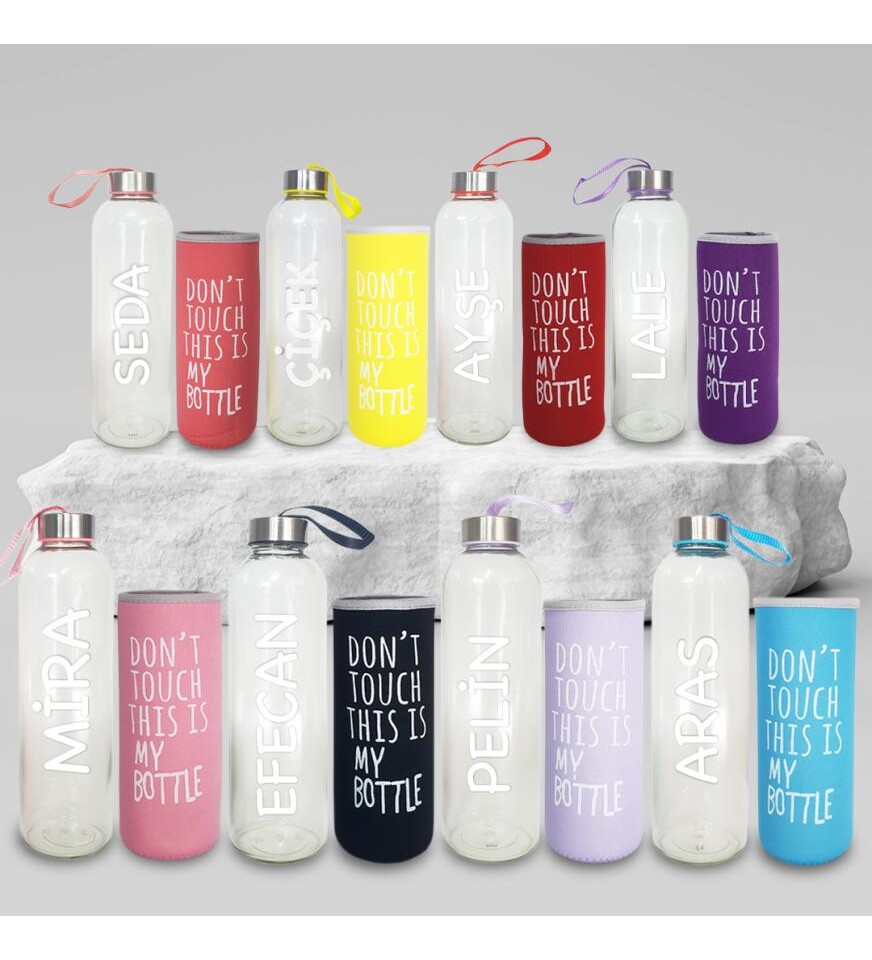 Kişiye Özel İsimli Renkli Kılıflı Cam Su Şişesi 750 ml