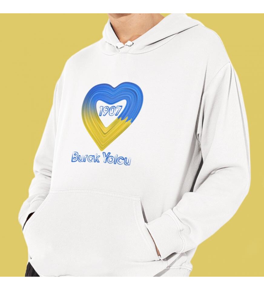 Kişiye Özel Sarı Lacivert Aşk Baskılı Kapşonlu Beyaz Unisex Sweatshirt HK2168