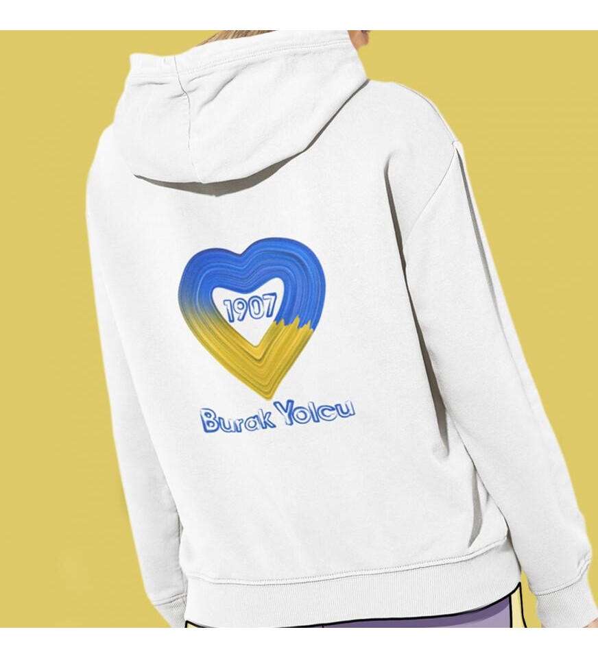Kişiye Özel Sarı Lacivert Aşk Baskılı Kapşonlu Beyaz Unisex Sweatshirt HK2168