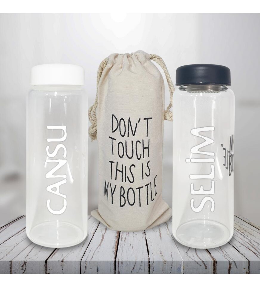 Kişiye Özel Süzgeçli ve Bez Keseli 500 ml Cam Matara