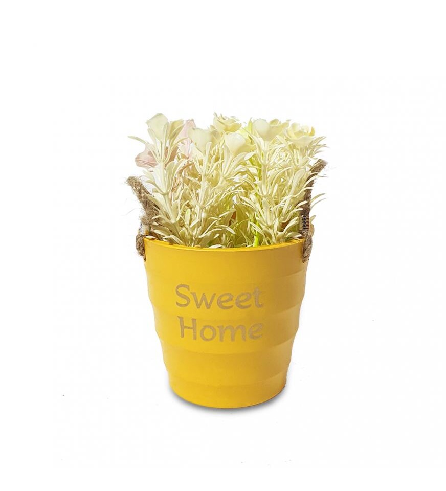 Sweet Home Sarı Yuvarlak Kovalı Hasır Kulplu Saksıda Çiçek