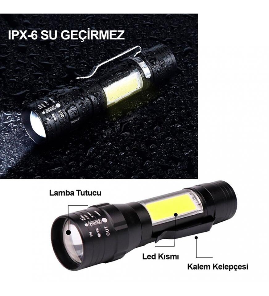 Flaşörlü Şarjlı Polis Led Mini El Feneri 3 Fonksiyonlu Zoomlu Mini El Feneri