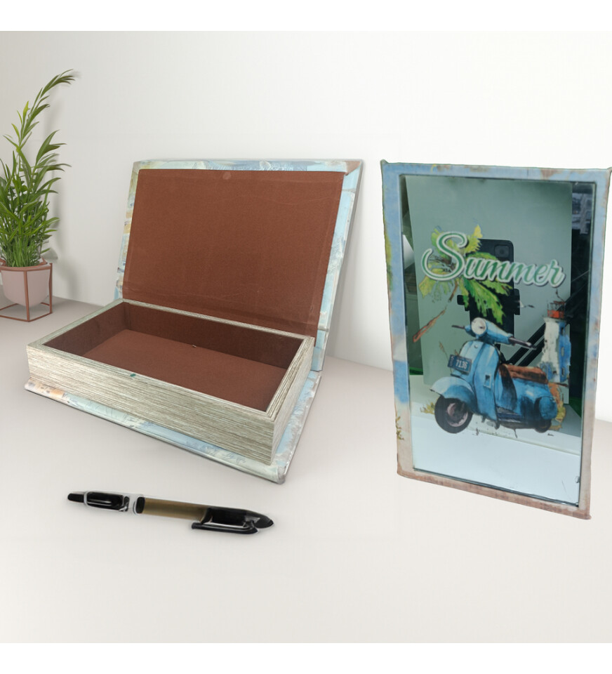 Aynalı, Scooter ve Kitap Temalı, Dekoratif Ahşap Aksesuar Kutusu HK2893