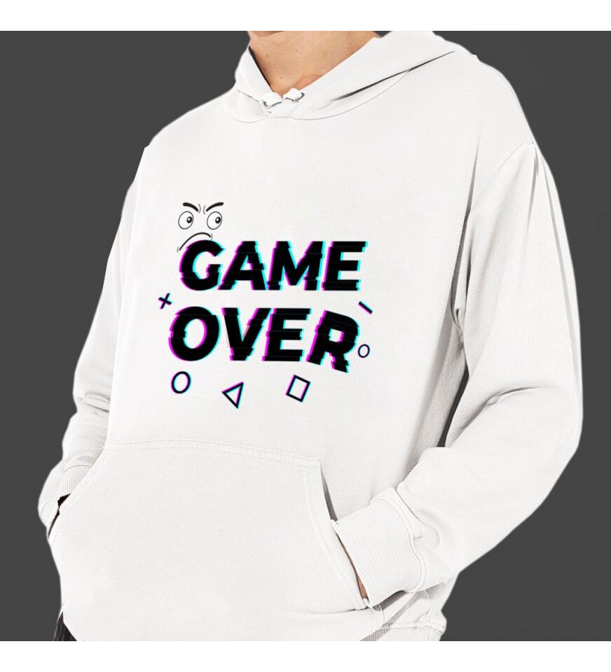 Game Over Baskılı Kapşonlu Beyaz Unisex Sweatshirt HK2353