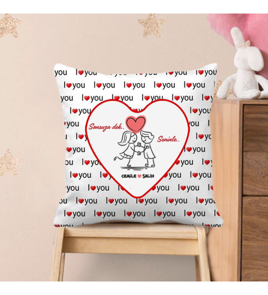 Kişiye Özel Baskılı I Love You Kalp Desen Yastık 37 cm
