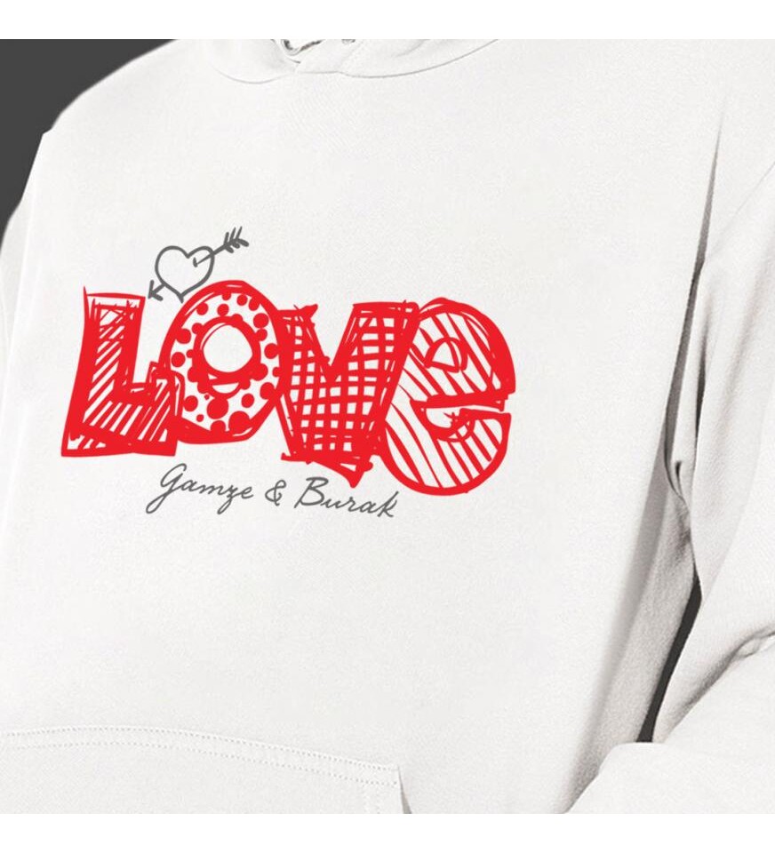 Kişiye Özel Love Temalı Sevgiliye Özel Kapşonlu Beyaz Unisex Sweatshirt HK2519