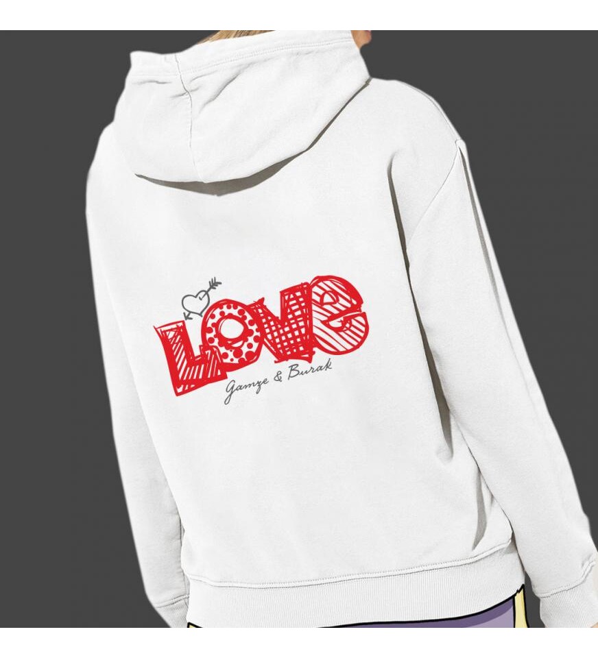 Kişiye Özel Love Temalı Sevgiliye Özel Kapşonlu Beyaz Unisex Sweatshirt HK2519