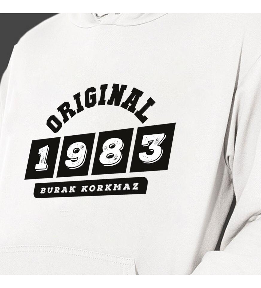 Kişiye Özel Tarih Baskılı Kapşonlu Beyaz Unisex Sweatshirt HK2359