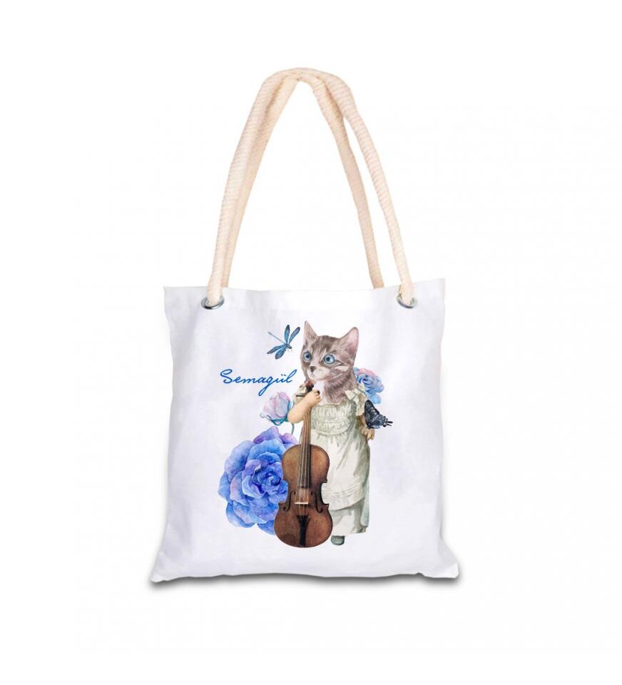 Kişiye Özel Gitarlı Kedi Baskılı Bez Kol Çantası 40x40 cm HK2354