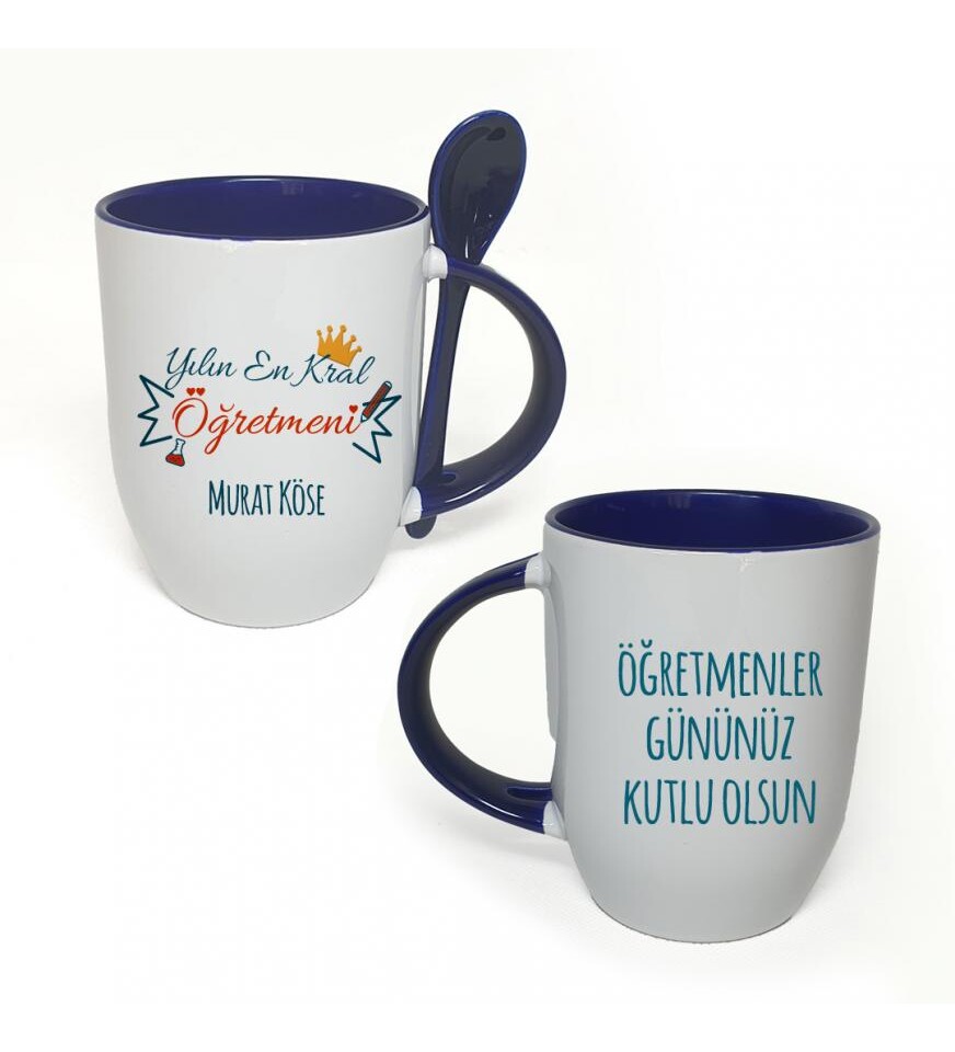 Kişiye Özel Öğretmenler Günü Baskılı İçi ve Kulbu Mavi, Kaşıklı Porselen Kupa Bardak HK2331