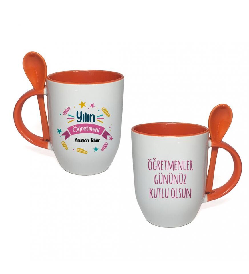 Kişiye Özel Öğretmenler Günü Baskılı İçi ve Kulbu Turuncu, Kaşıklı Porselen Kupa Bardak HK2324