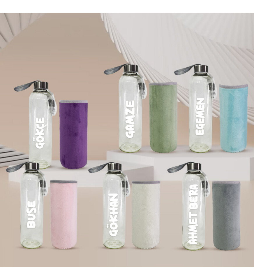 Kişiye Özel Peluş Kılıflı Cam Matara 750 Ml