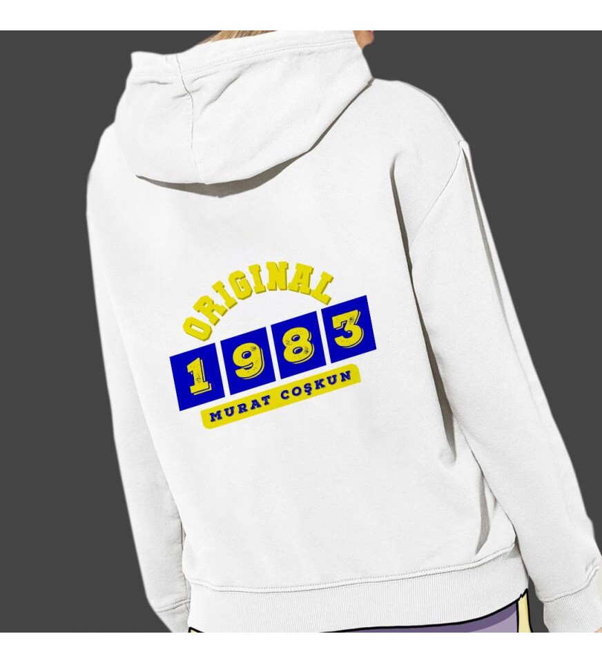 Kişiye Özel Sarı Lacivert İsim Tarih Baskılı Kapşonlu Beyaz Unisex Sweatshirt HK2371