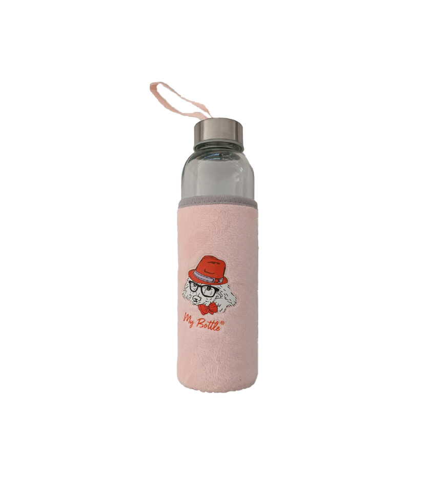 Figürlü Peluş Kılıflı Renkli Cam Matara Suluk 500 ml HK5017