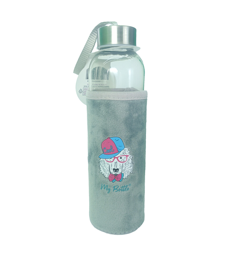 Figürlü Peluş Kılıflı Renkli Cam Matara Suluk 500 ml HK5017