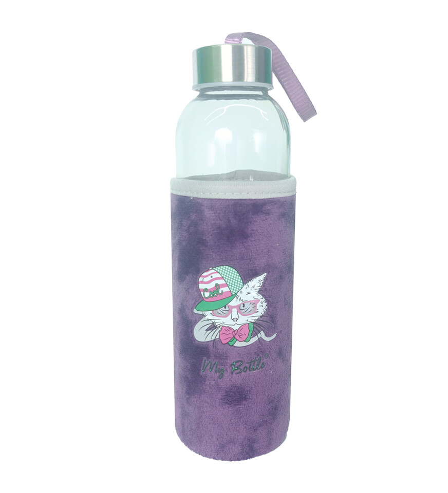 Figürlü Peluş Kılıflı Renkli Cam Matara Suluk 500 ml HK5017