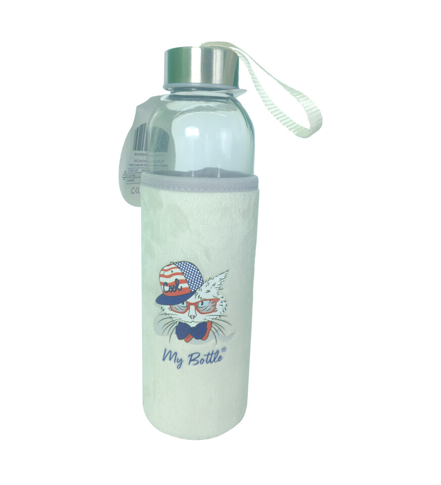 Figürlü Peluş Kılıflı Renkli Cam Matara Suluk 500 ml HK5017