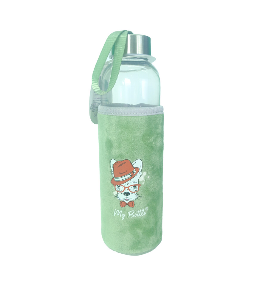 Figürlü Peluş Kılıflı Renkli Cam Matara Suluk 500 ml HK5017